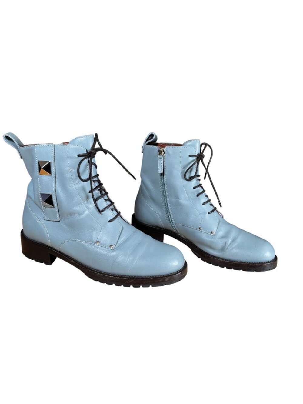 Valentino Garavani Roman Stud Blue Ankle Lug Sole Combat Boots Size EU 39 US 9